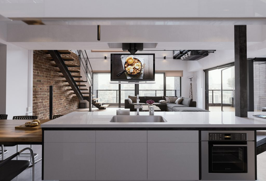 Ontdek de mogelijkheden van een TV-liftsysteem, TV-lift uit het plafond in de keuken
